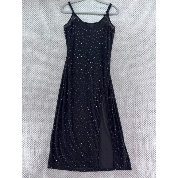 Shein Dress Womens L Black Rhinestone Sheer Slip Maxi Dress Front Slit Party - Picture 1 of 12